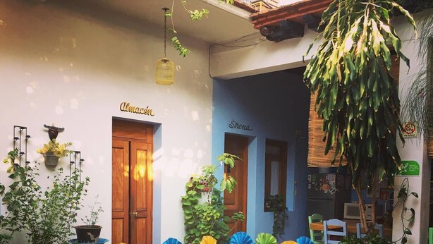 A dining area with a wooden table set for six, surrounded by blue chairs. - El Diablo y la Sandia B&B (Oaxaca)