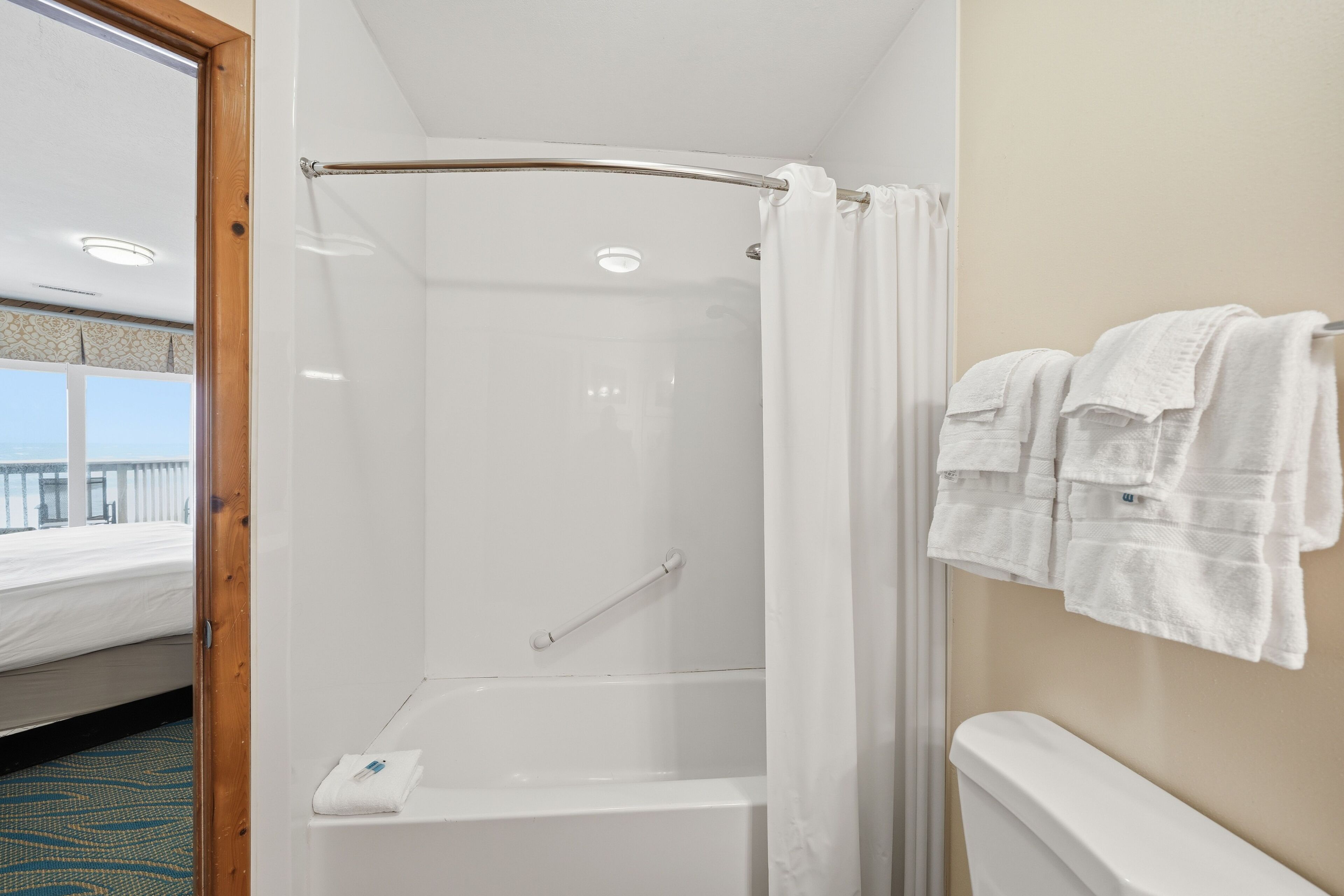 Hair dryer, towels, soap, toilet paper