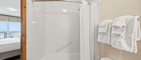 Hair dryer, towels, soap, toilet paper