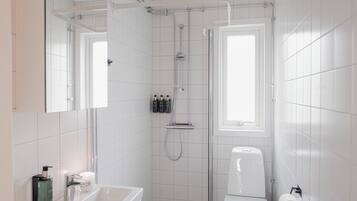 Shower, free toiletries, hair dryer, towels