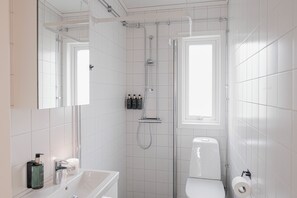 A modern bathroom with a shower, toilet, sink, and a large mirror.