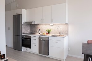 Großer Kühlschrank, Ofen, Herdplatte, Geschirrspüler