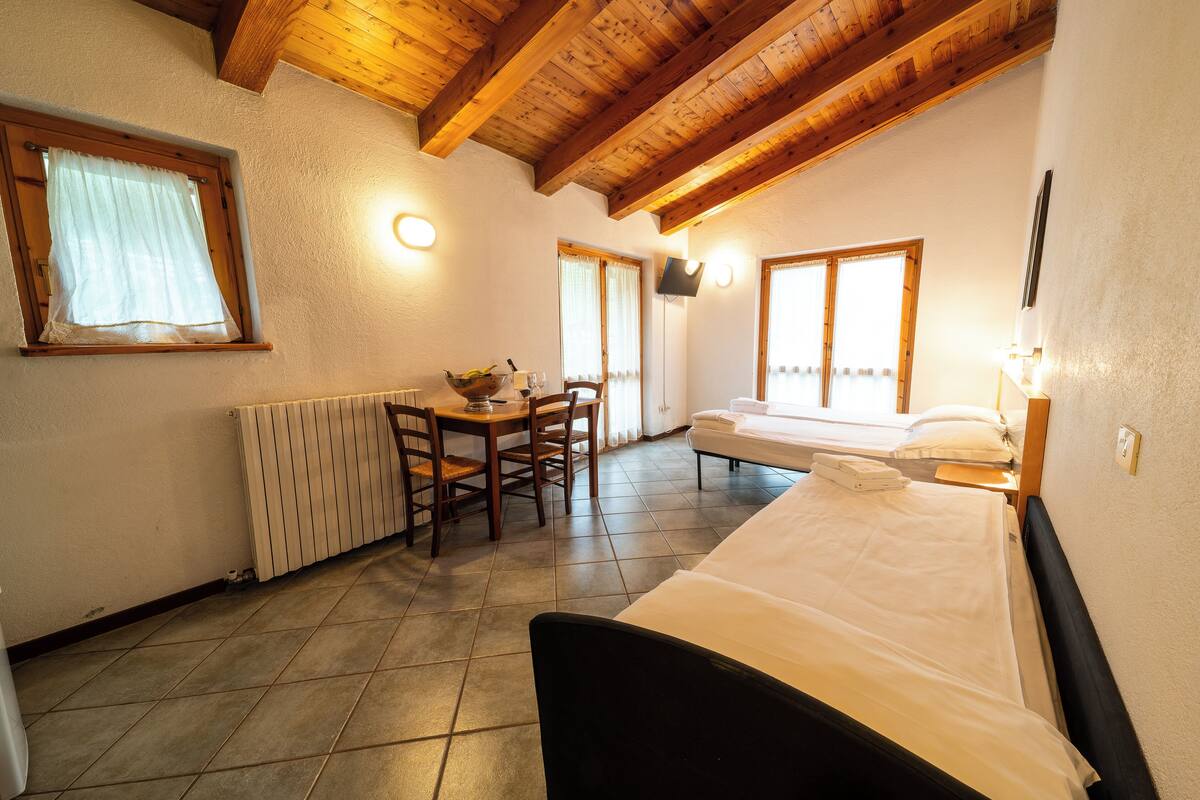 A room with a bed, a dining table with chairs, and a window with curtains.