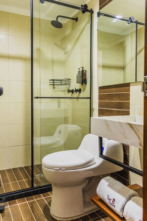 Un baño con ducha de vidrio, inodoro y lavabo con encimera de mármol.