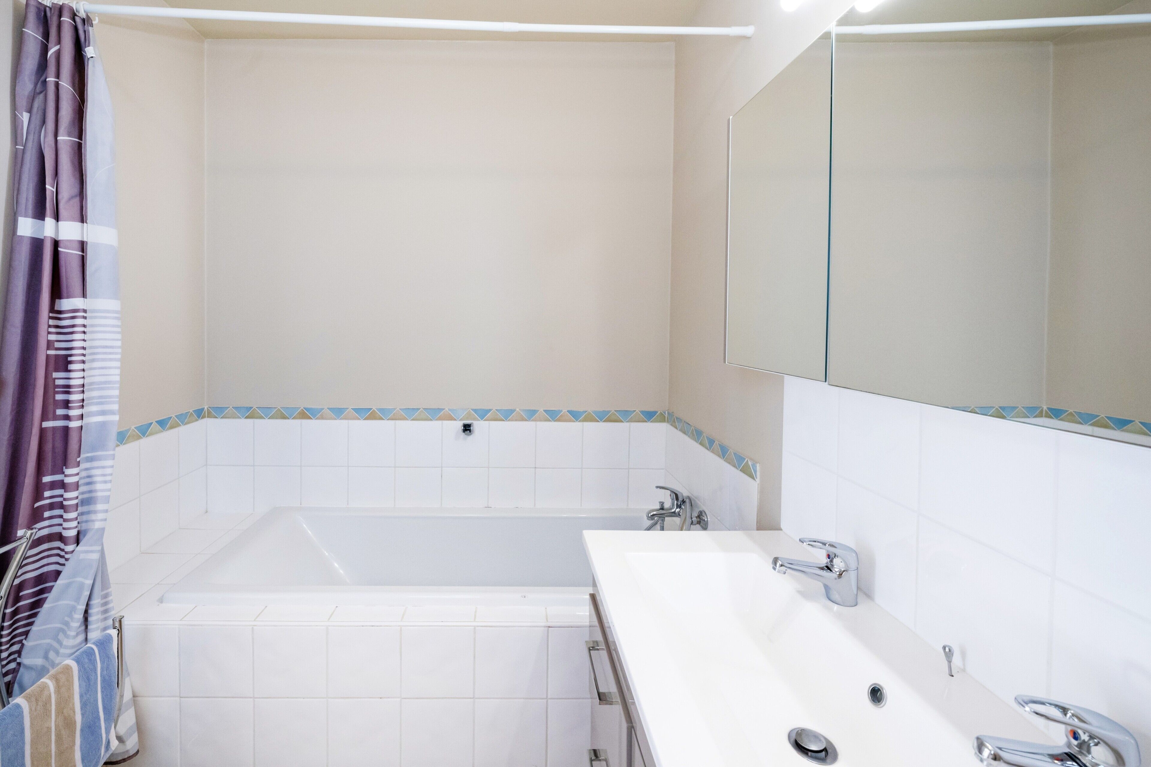 Une salle de bain avec une baignoire, un lavabo, un miroir et un rideau de douche.