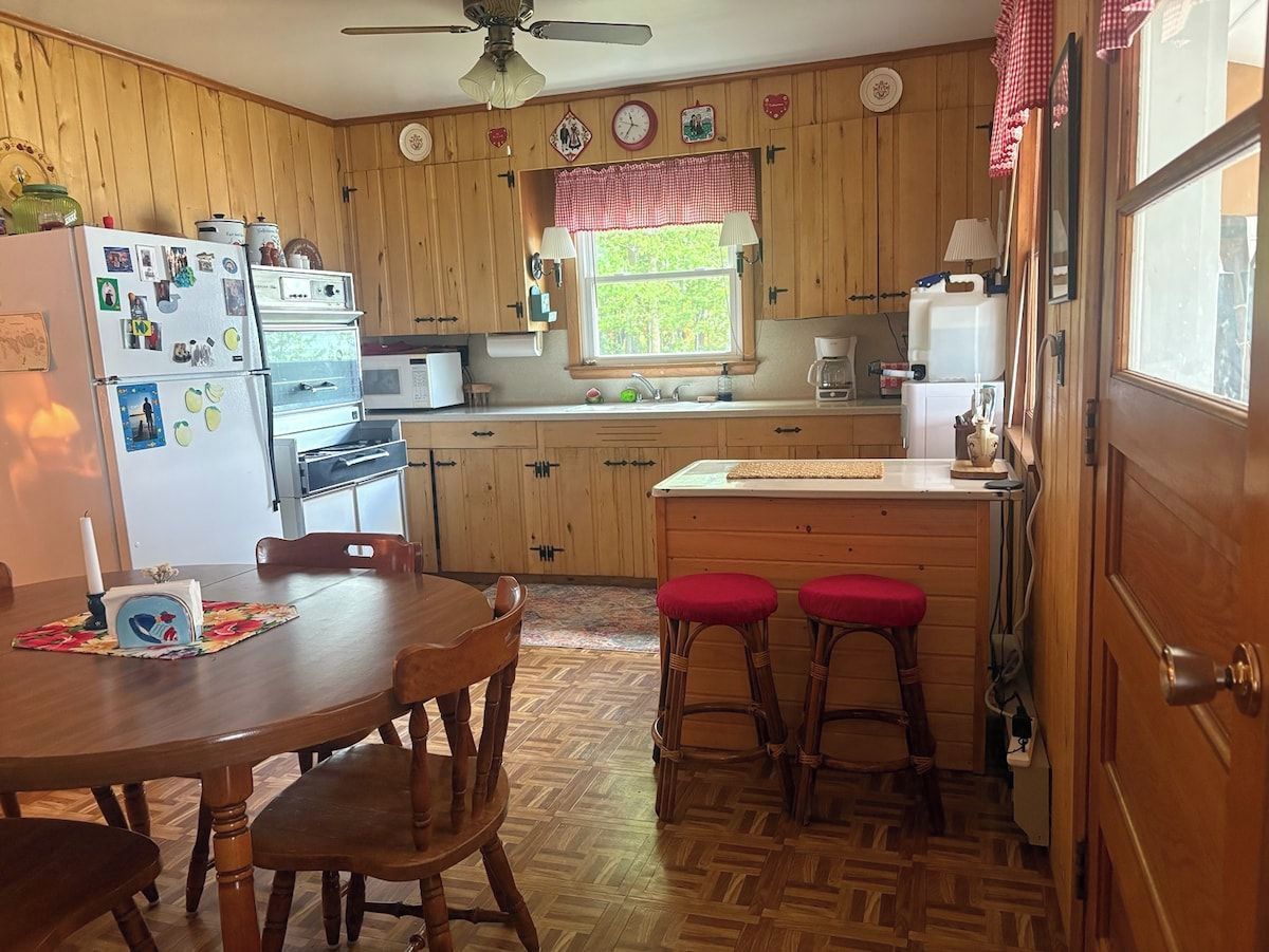 A compact kitchen with wooden cabinets, a dining table with chairs, and a window with a view of greenery.