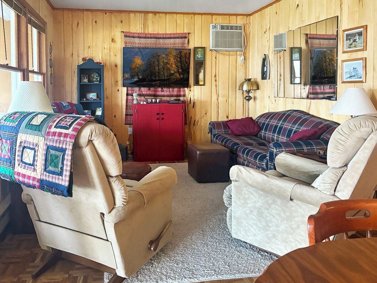 Ein gemütliches Wohnzimmer mit Kamin, einem roten Schrank und einem großen Fenster.