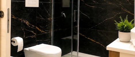 A modern bathroom with a toilet, a shower enclosure, and a sink area.