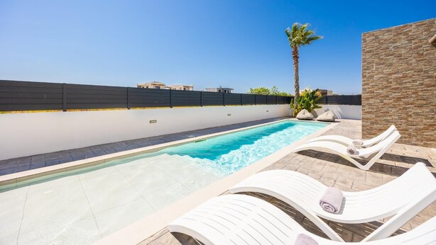 A swimming pool with lounge chairs and a palm tree.