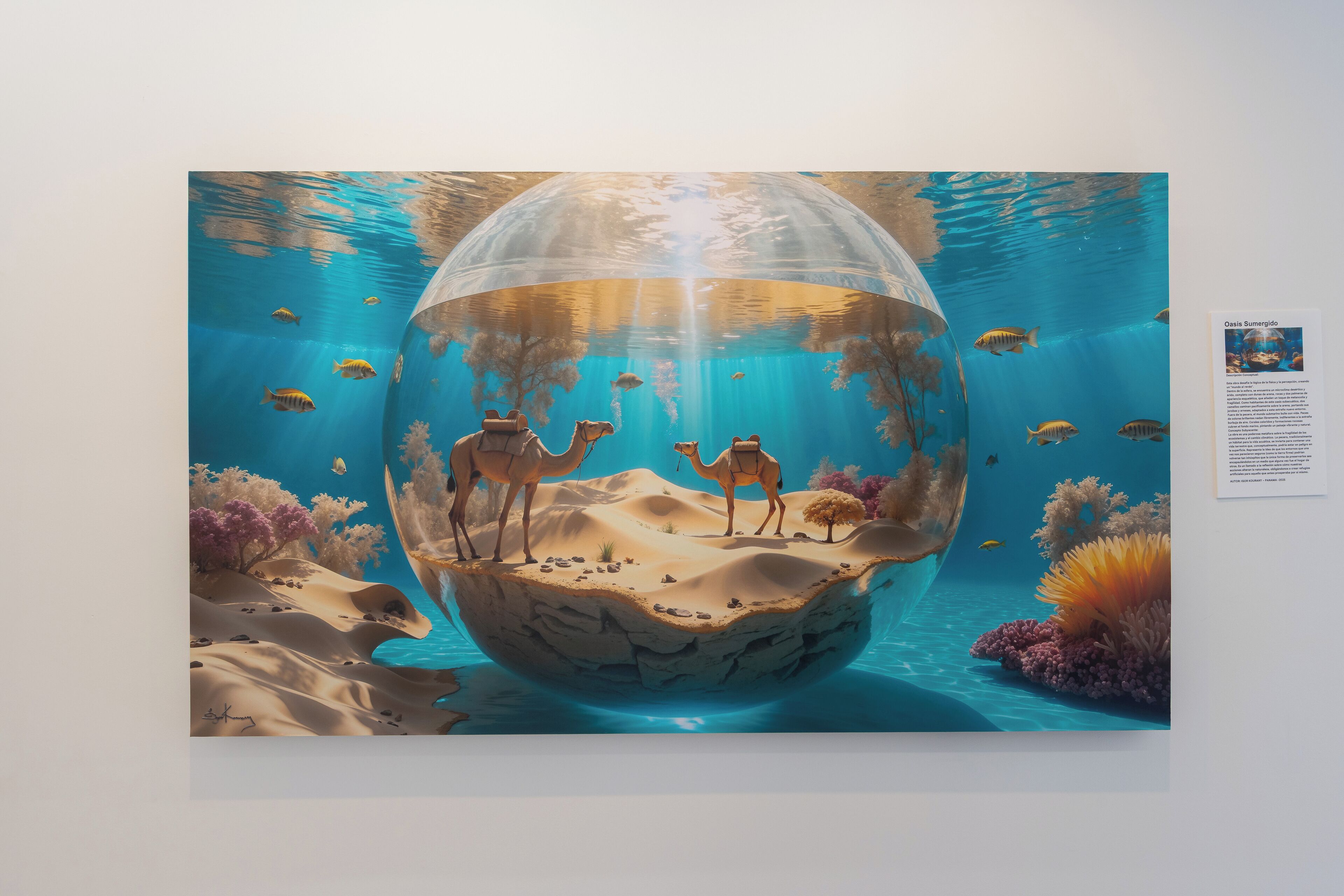 A large spherical aquarium with desert and marine life.