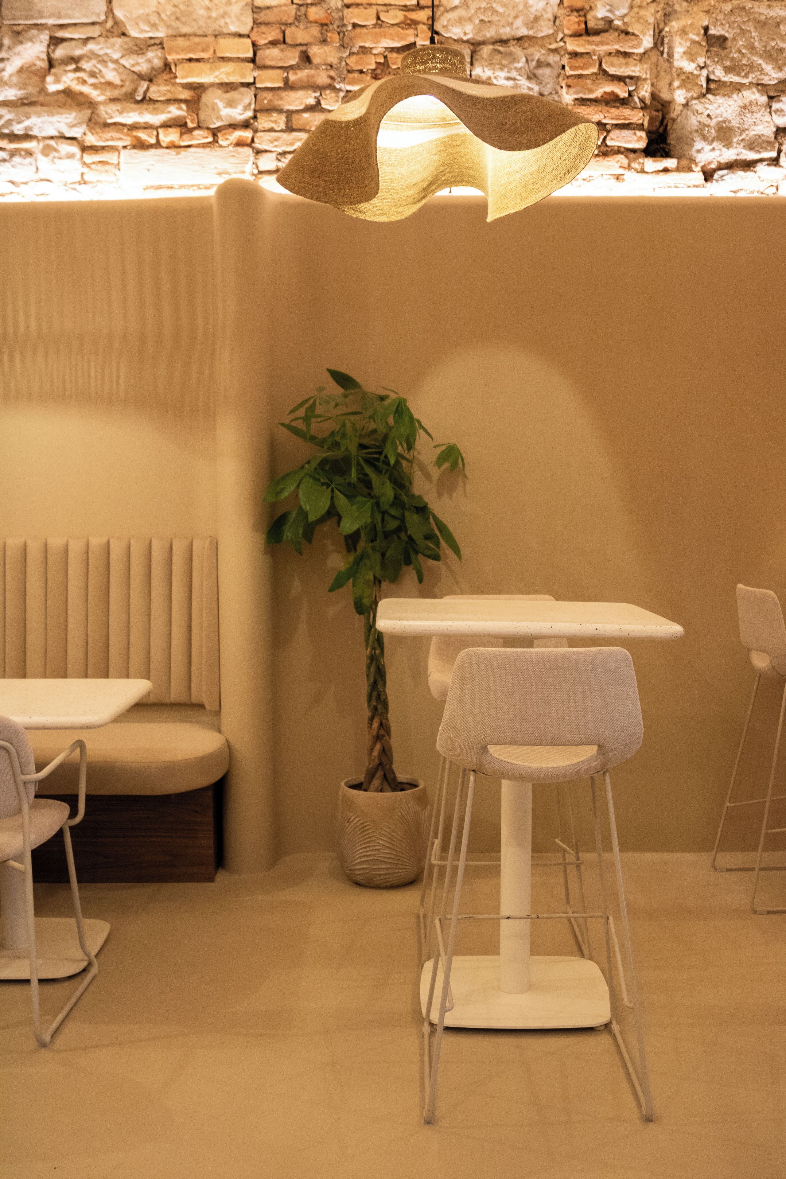 Un'accogliente area con posti a sedere interna, con una panca imbottita, un tavolo e due sedie. Una pianta in vaso aggiunge un tocco di verde all'ambiente.