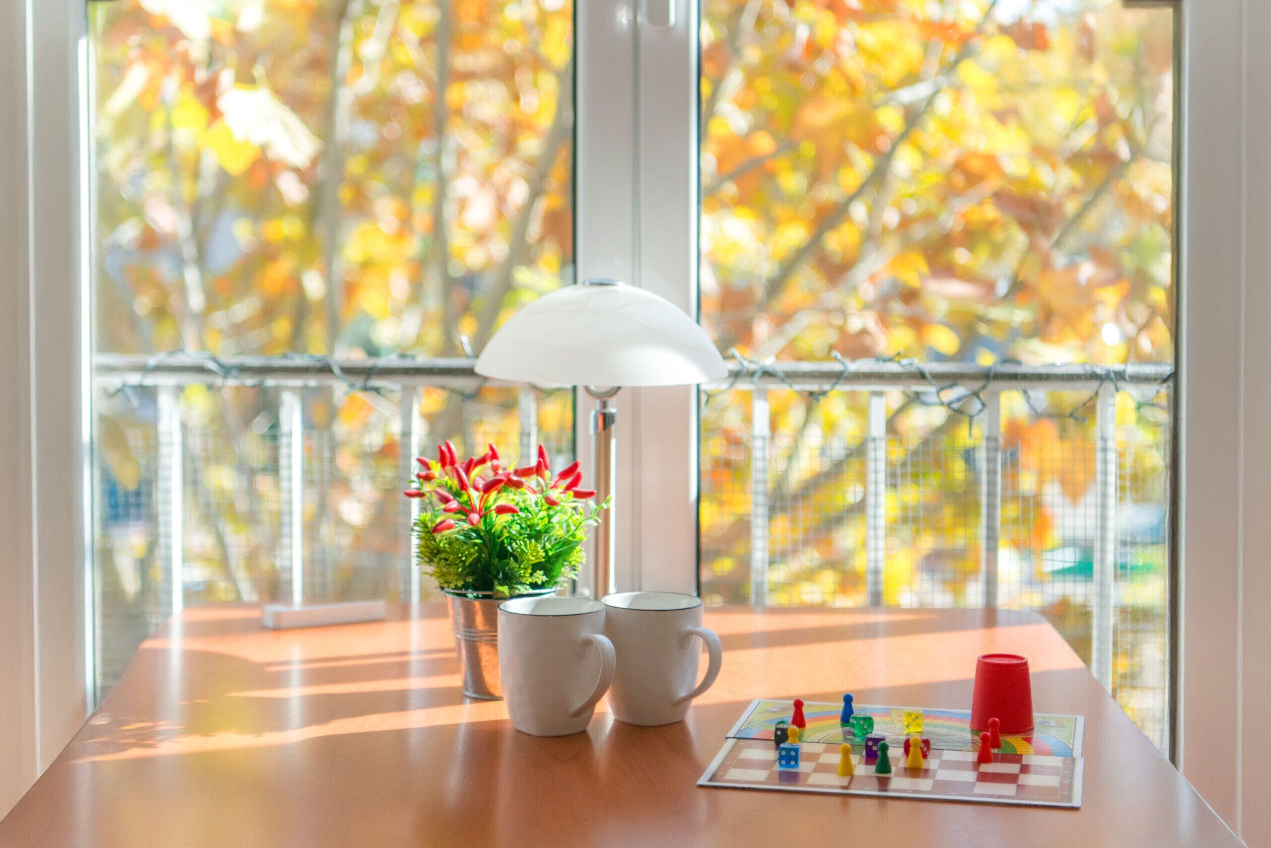 Een tafel met twee witte mokken, een potplant met rode bloemen en een damspel met pionnen.