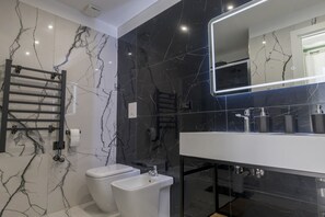 Shower, hair dryer, bidet, towels