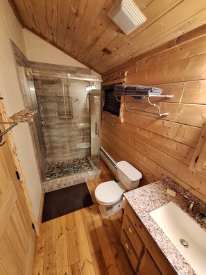 Jetted bath, hair dryer, towels, soap