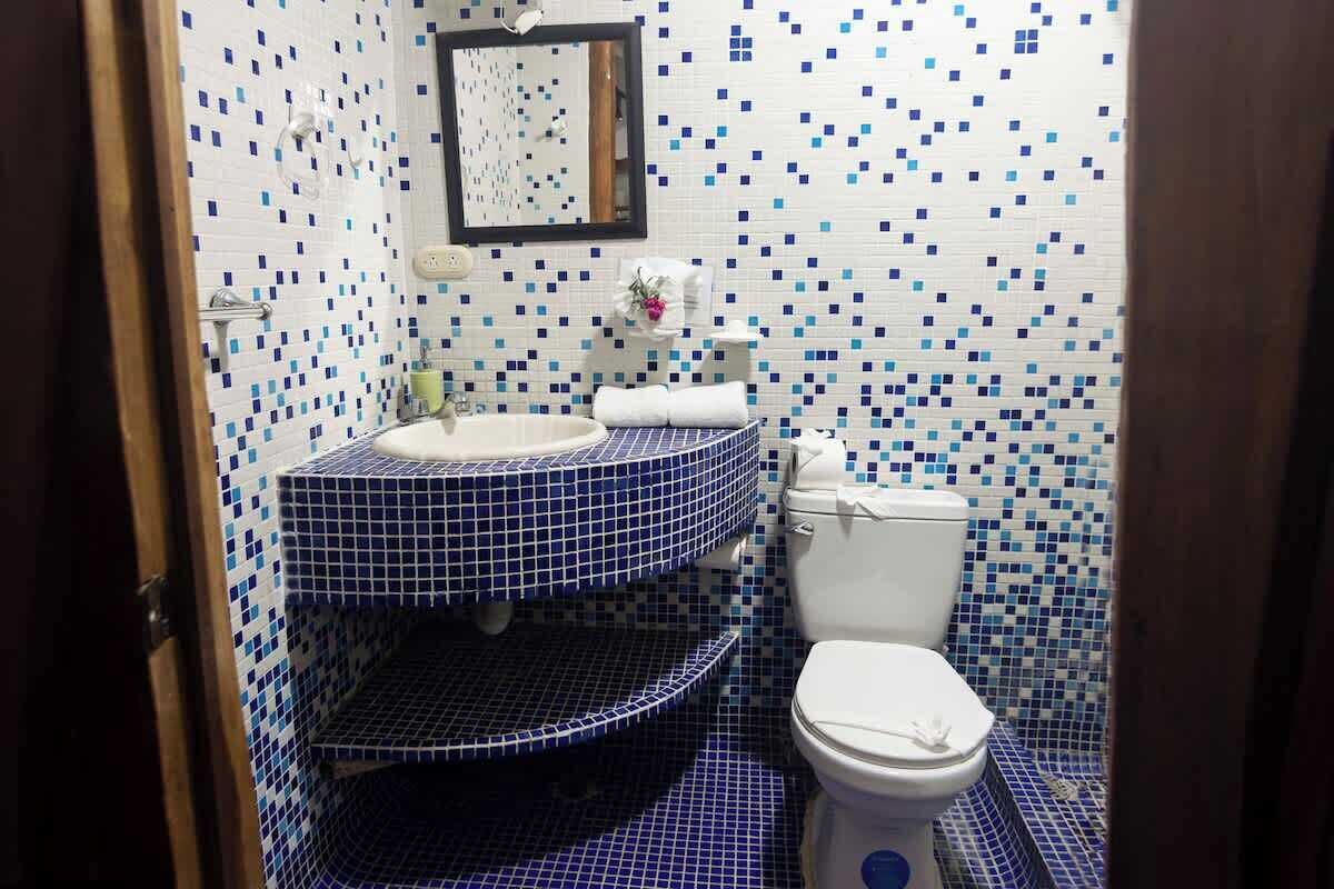 Une salle de bain avec un lavabo blanc, des murs recouverts de carreaux bleus, des toilettes blanches et un miroir au-dessus du lavabo.