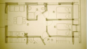 Ein Grundriss mit nummerierten Zimmern, einer Küche und einem Badezimmer.