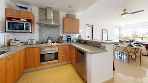 Coffee/tea maker, fridge, microwave, oven