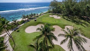 Un campo de golf con vista al océano y palmeras.