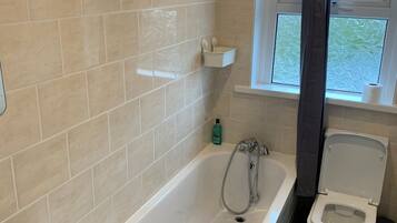 Hair dryer, towels, soap, shampoo