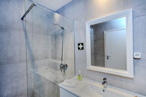 Chuveiro, secador de cabelo, toalhas de banho 