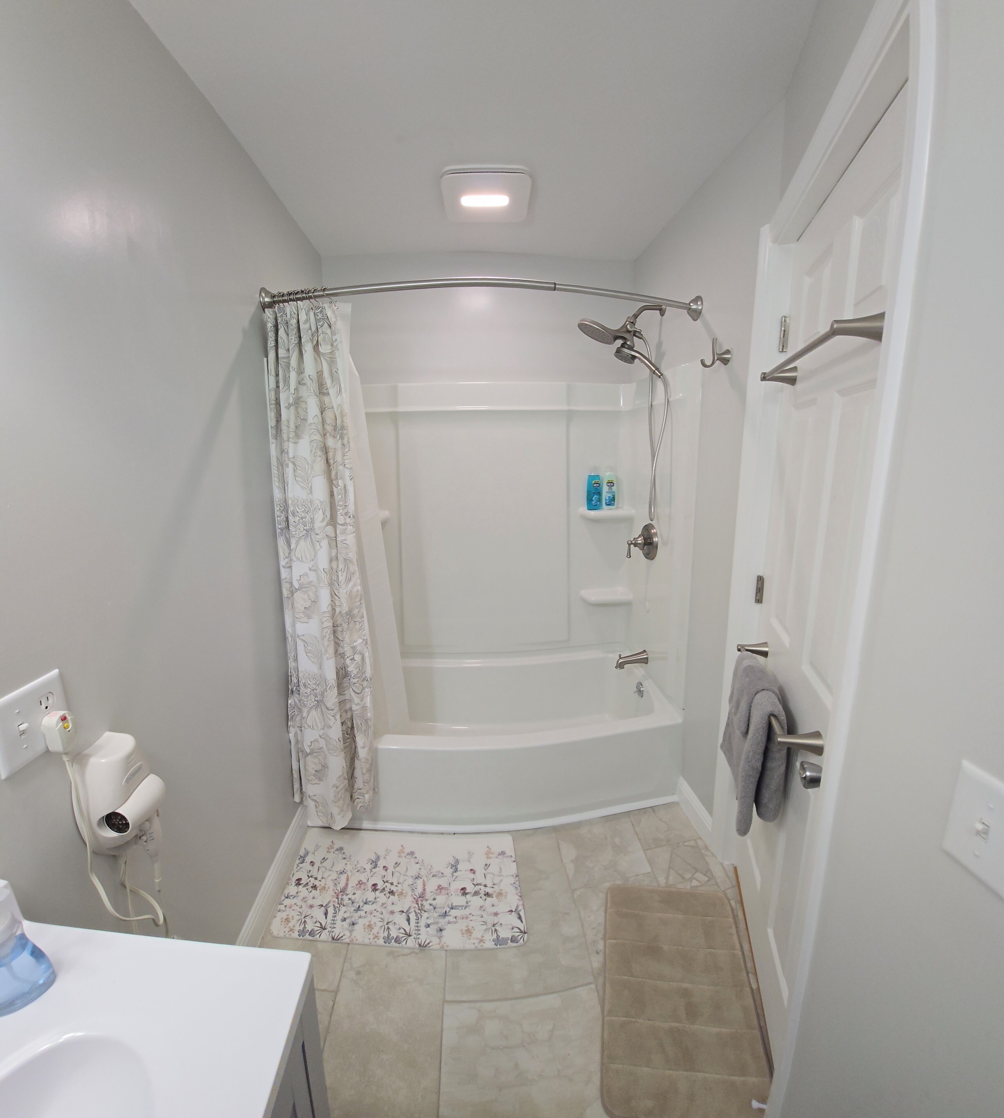 Hair dryer, towels, soap, toilet paper