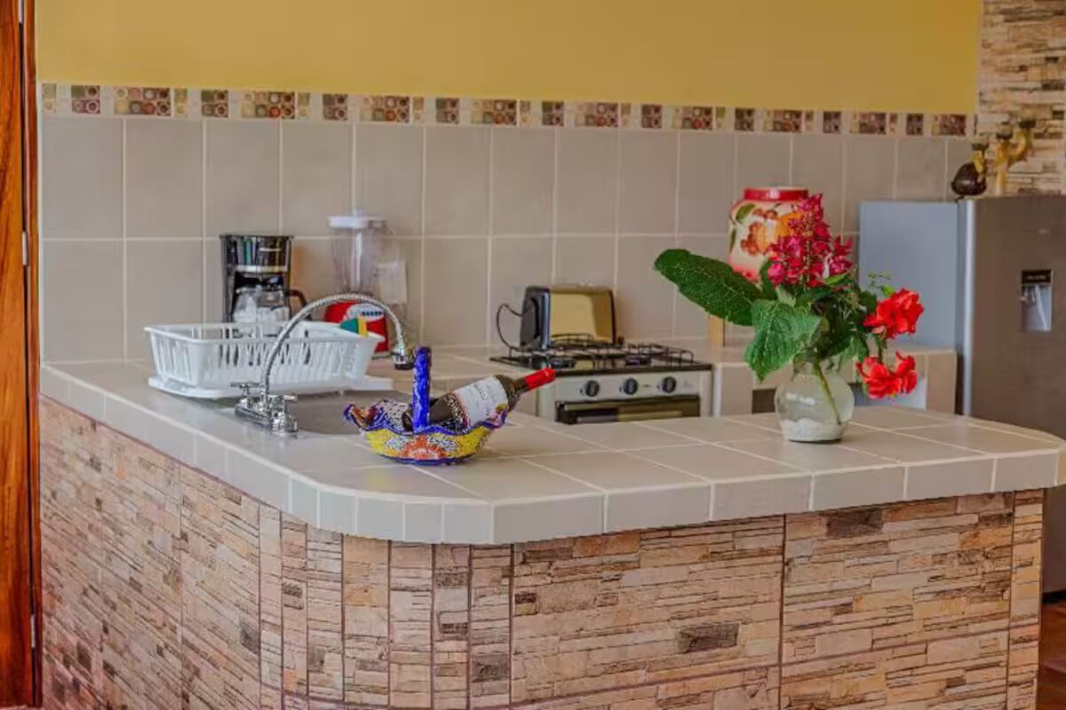 Une cuisine avec un mur recouvert de carreaux, une cuisinière à gaz, un grille-pain, une machine à café et un vase décoratif avec des fleurs.