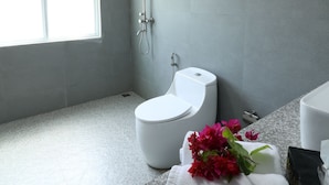 Superior Quadruple Room, Balcony, Garden View | Bathroom | Shower, hair dryer, towels, soap - Pamera Thoddoo (Thoddoo)