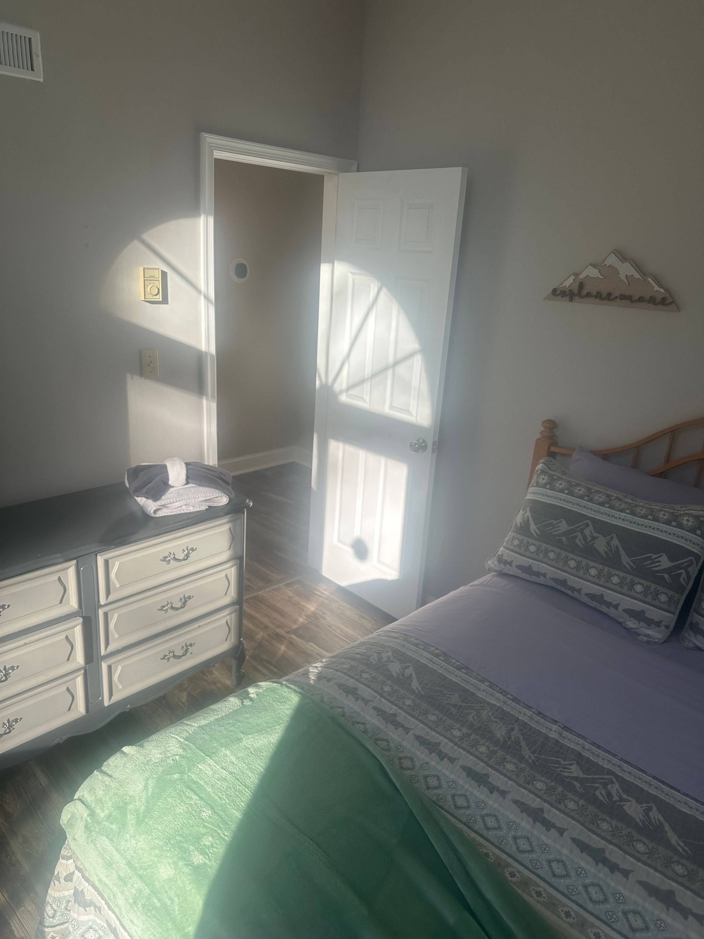 A bedroom with a bed, a dresser, and a door.