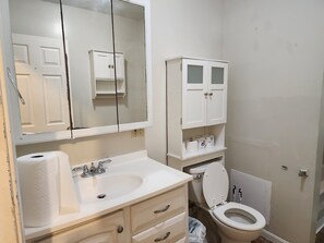 Hair dryer, towels, soap, toilet paper