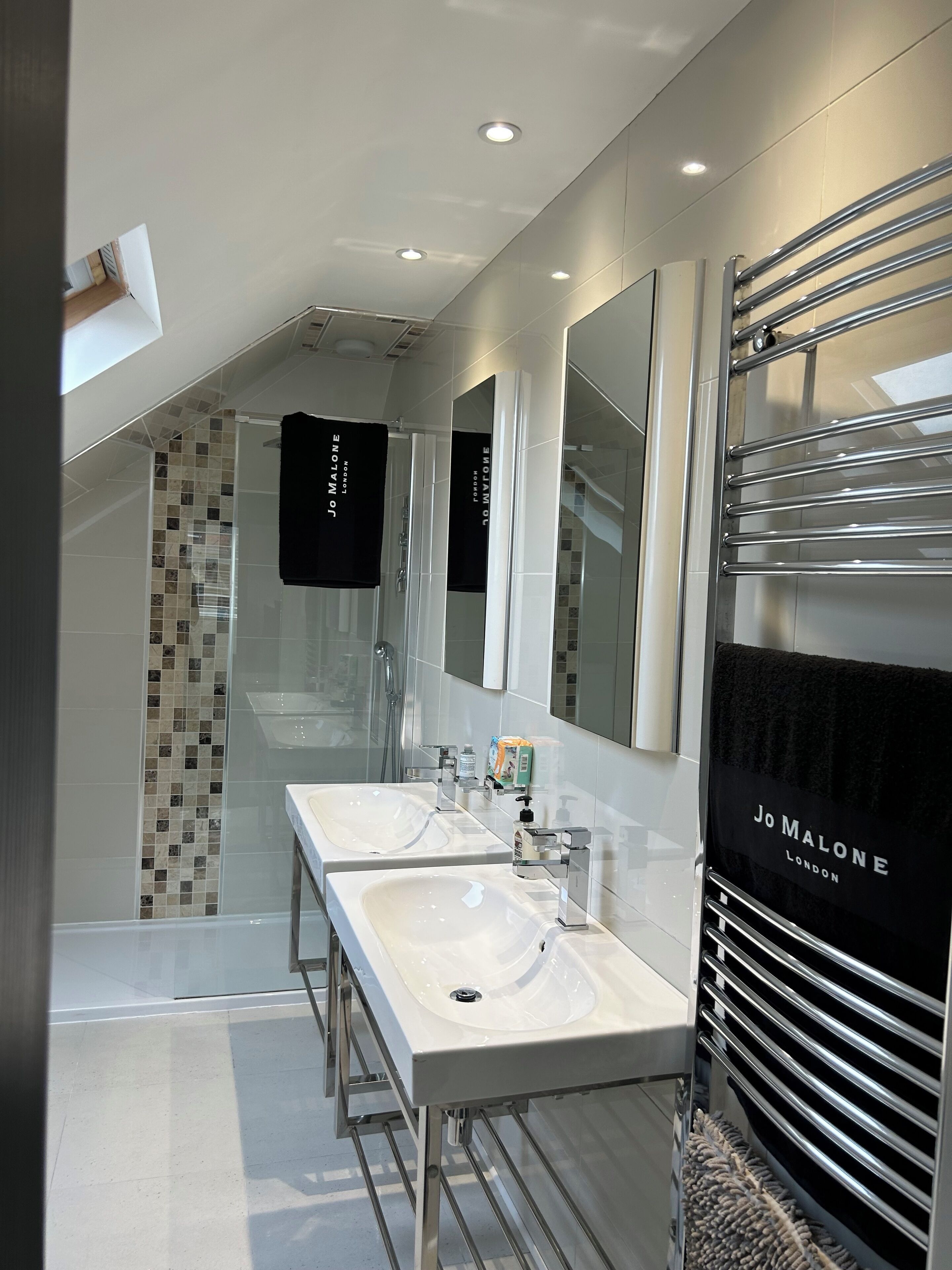 Hair dryer, towels, soap, shampoo