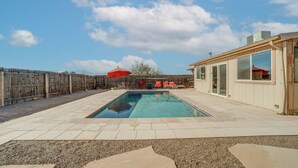 A rectangular swimming pool with a wooden deck surrounding it. - 'The Chillville in Cornville' - Saltwater Pool! (Cornville)