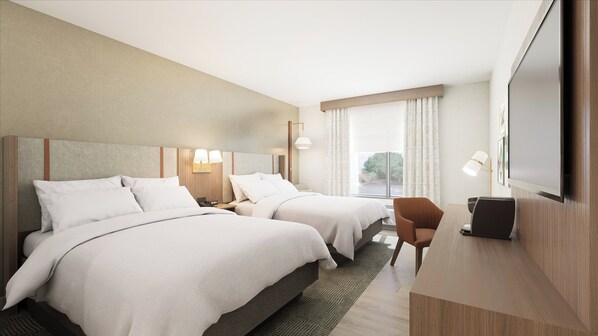 A hotel room with two beds, a desk, a chair, a TV, and a window with curtains. - Holiday Inn Hotel And Suites Commerce City Denver Airport By Ihg (Commerce City)