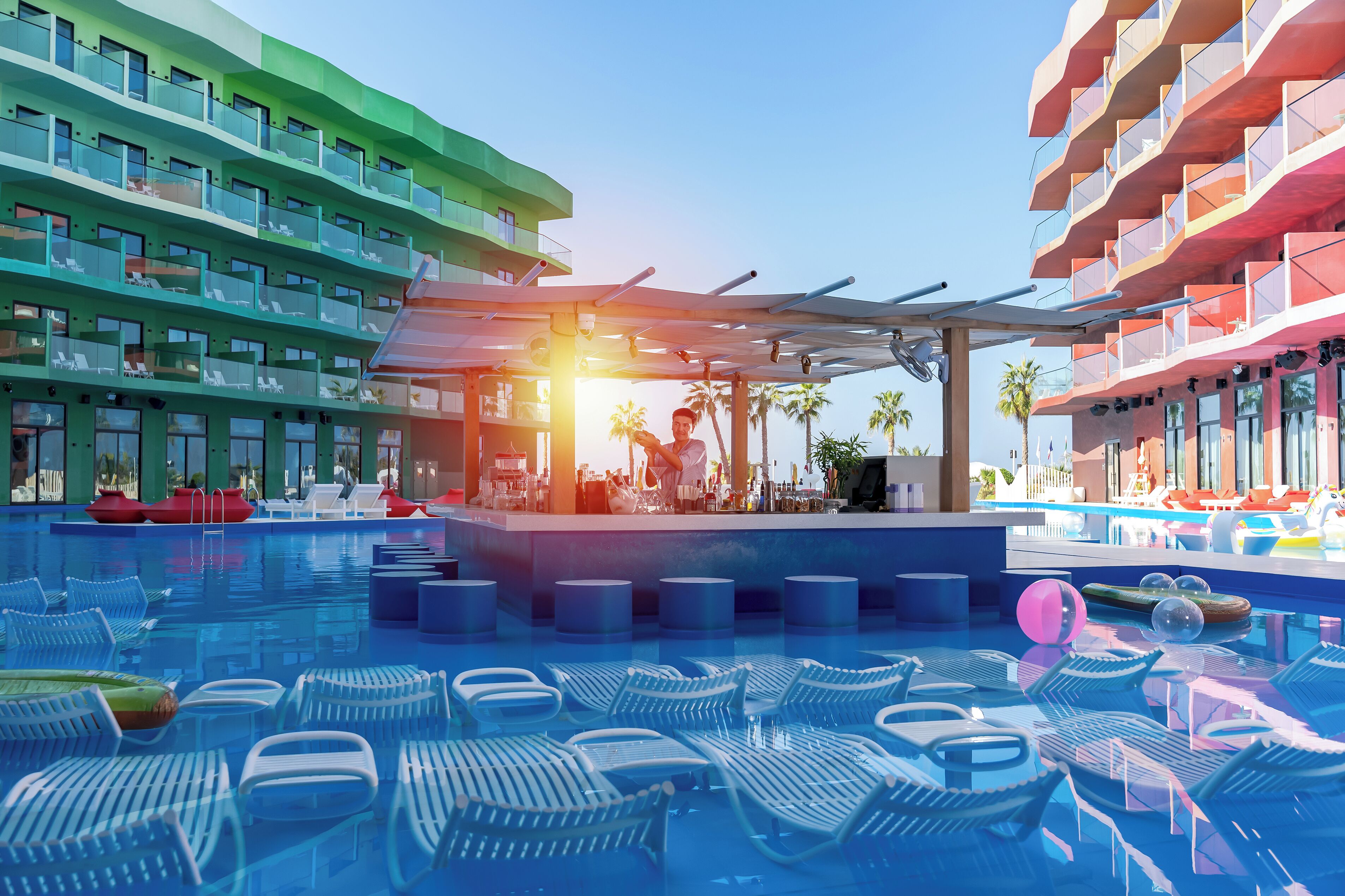 야외 수영장, 수영장 파라솔, 일광욕 의자