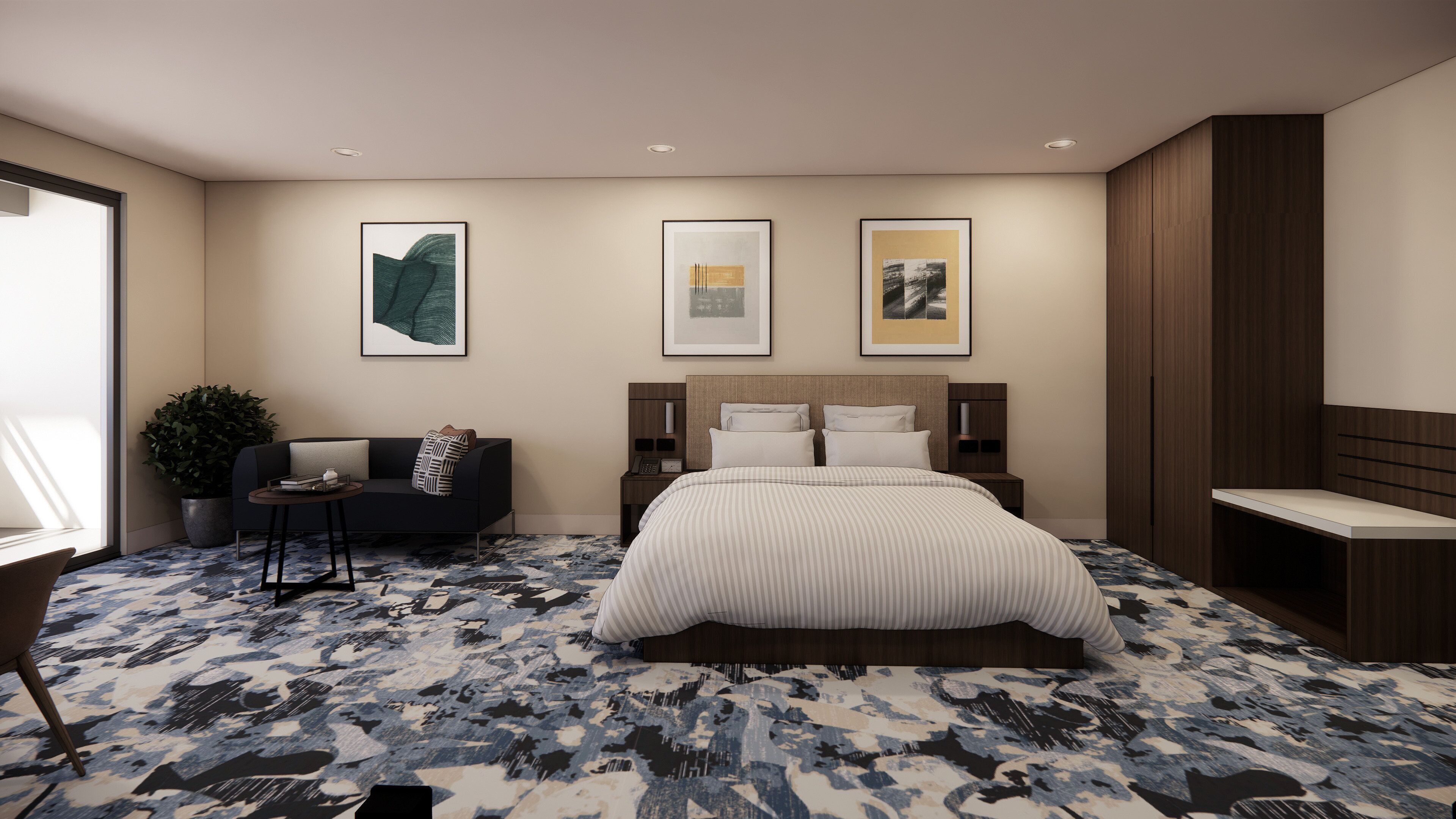 Literie de qualité, lit avec matelas à plateau-coussin, minibar