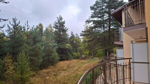A balcony with a view of a forested area and a building with a beige exterior and metal railings.