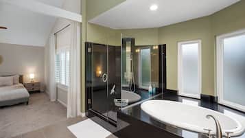 Shower, towels, soap, toilet paper