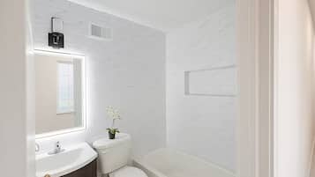 Hair dryer, towels, soap, toilet paper