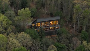 Una casa moderna rodeada de un bosque frondoso, con una vista despejada del paisaje circundante.