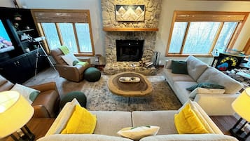 Smart TV, chimenea, reproductor de DVD y libros
