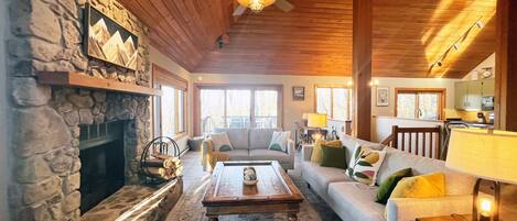 Smart TV, caminetto, lettore DVD, libri