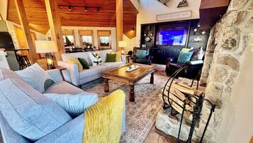 TV connectée, cheminée, lecteur de DVD, livres