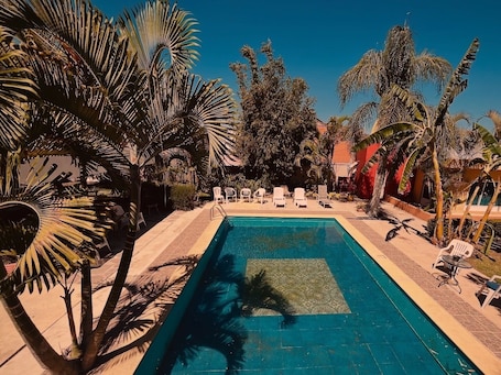 Outdoor pool, open 8:00 AM to 8:30 PM, pool umbrellas, sun loungers