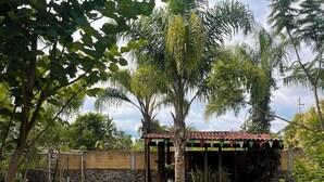 Un jardín bien cuidado con una casita de juegos, un espacio de estar cubierto y una diversidad de plantas y árboles.