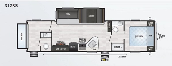 A floor plan of a 312RS RV with bunk beds, a kitchenette, a dining area, a queen bed, a bathroom, and a fireplace. - Moosepoint Travel trailer Rental, Picturesque Maine Mountains (Andover)