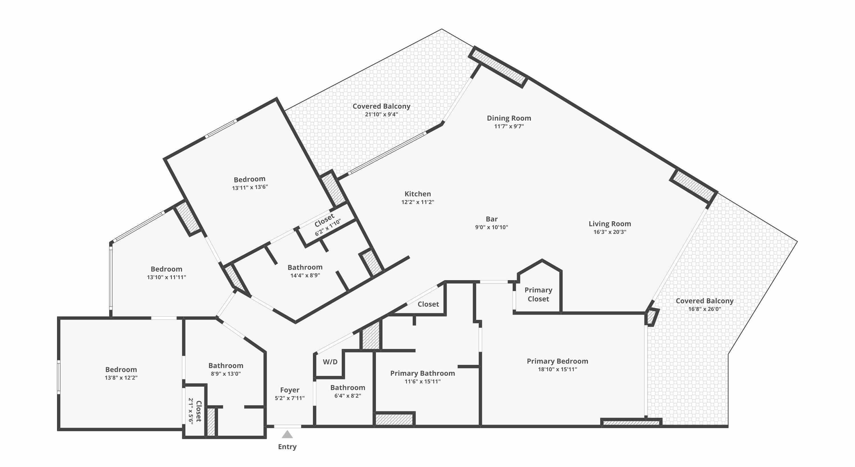 Un plan d’étage d ’une maison comprenant un balcon couvert, une salle à manger, une cuisine, un salon et plusieurs chambres.