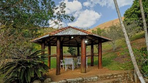 A wooden gazebo with a corrugated metal roof, surrounded by greenery and a stone wall.