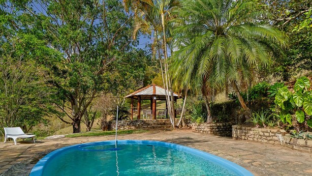 A circular pool with a metal ladder, surrounded by lush greenery and a gazebo.