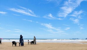 Ein Strand mit blauem Himmel, einigen Sonnenschirmen und einer Person am Wasser.