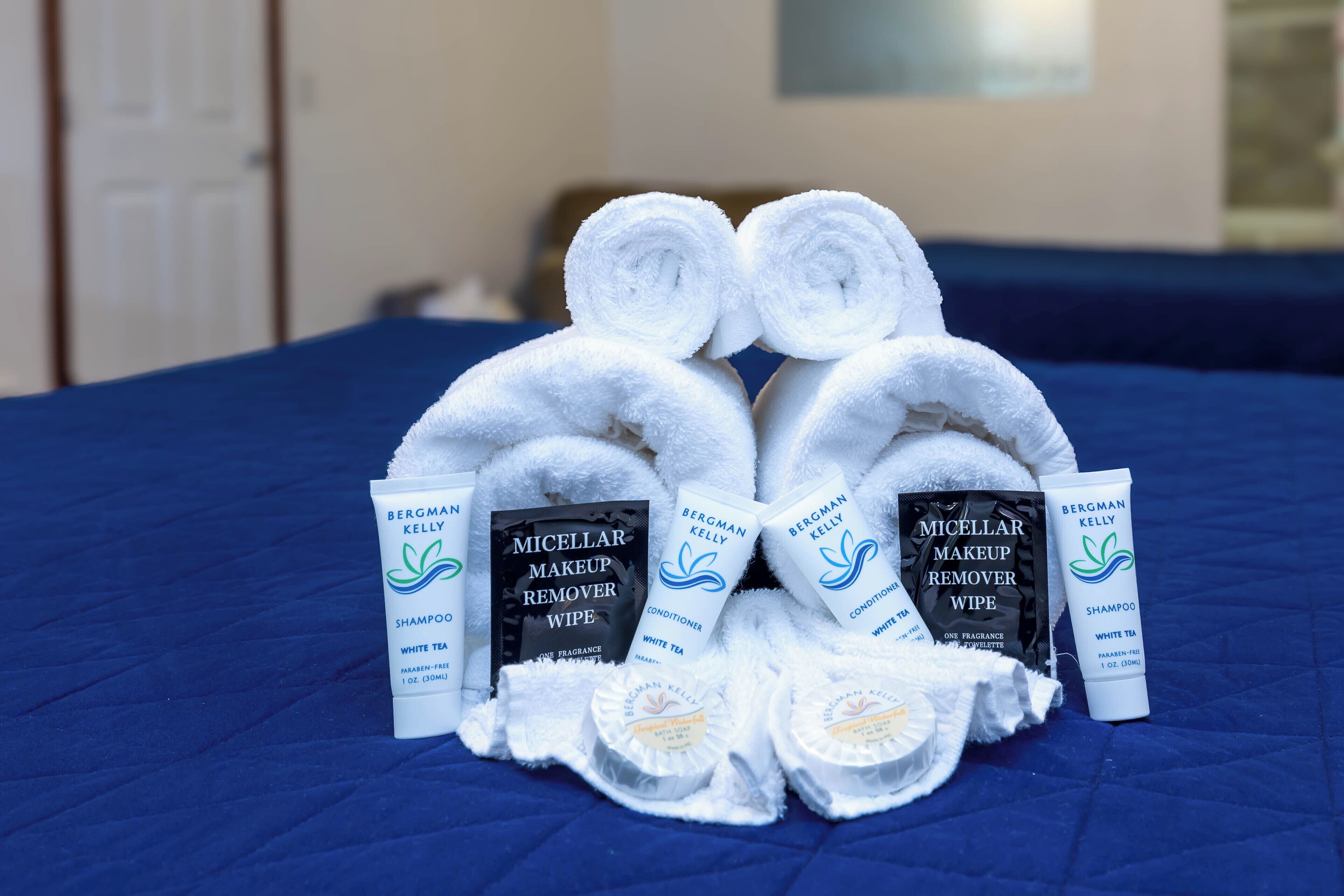 Sèche-cheveux, serviettes fournies, savon, shampoing