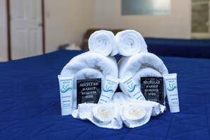 Hiustenkuivaaja, pyyhkeet, saippua, sampoo